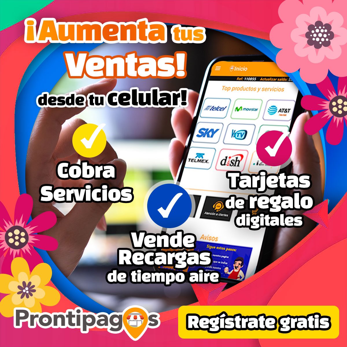 ProntipagosMX's tweet photo. ¡Aumenta tus ventas con @prontipagos! ✅Vende recargas de tiempo aire, 👾Tarjetas de regalo digitales y 💥cobra servicios⚡️ ¡Contamos con más de 400 de productos electrónicos para tus clientes! Regístrate gratis 👉🏻https://t.co/TjEQ49LCok ó descarga la APP https://t.co/2l1NbxU8NT https://t.co/9fWmucWqo6