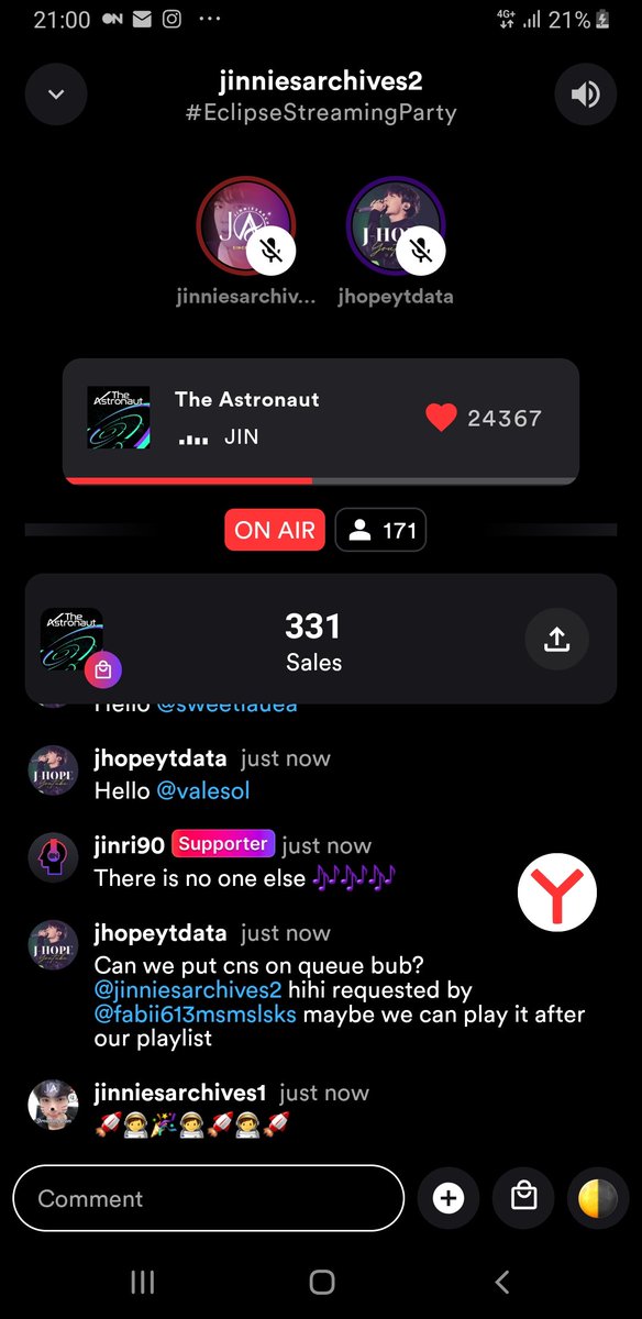 MYessenaliyeva's tweet photo. @jinniesarchives @jhopeytdata @STATIONHEAD ECLIPSE STREAMING PARTY
#EclipseStreamingParty
#TheAstronaut #๋ฐฉํ์๋
๋จ์ง #BTSJIN #JIN #์ง https://t.co/TI3Ae2mcDC