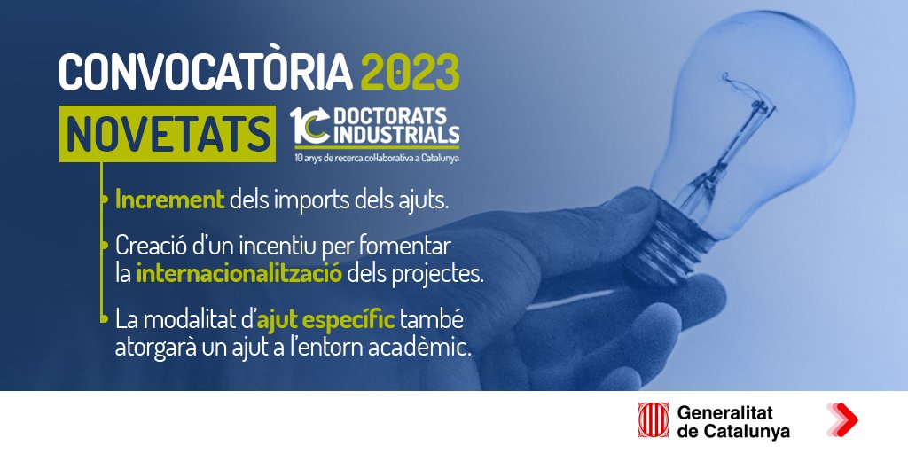 dindustrialscat's tweet photo. 🟢 Oberta la convocatòria 2023 del Pla de #DoctoratsIndustrials2023

Novetats:
📈Augment dels ajuts individuals 
➕Visibilitat internacional a través d'incentius
📊Ajuts directes a grups de recerca
🗓 Primer termini fins al 25 de maig

🔗 https://t.co/8gAKNXHs9H https://t.co/t6sLq7eybn