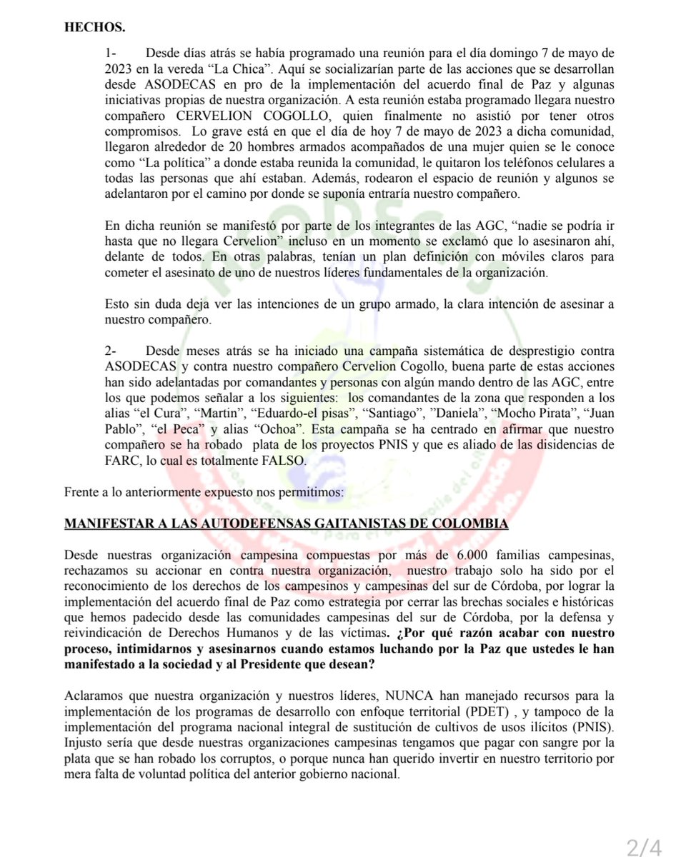 JoseOrtegaRuiz's tweet photo. #AcciónUrgente, Amenazas y desplazamiento al Compañero Cervelion Cogollo Presidente de @AsodecasOficial.

A las organizaciones Gubernamentales y Defensoras de DD.HH, les pedimos el acompañamiento y las garantías para la Vida de nuestro Compañero. 

#QueLaPazNoNosCuesteLaVida! https://t.co/AMJoZr5KhX