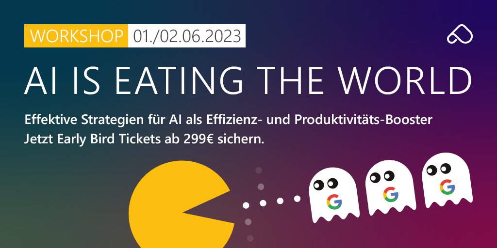 peakaceag's tweet photo. AI is eating the world 🚀 Wie aber könnt ihr #AI gewinnbringend einsetzen? @basgr &amp; @JuliaRiml vermitteln euch in unserem #AIWorkshop geballtes AI-Wissen, praktische ChatGPT-Tipps und machen euch zum Chief Prompt Officer eures Unternehmens. 🤖 
Tickets:https://t.co/ygPbYPXHx0 https://t.co/yELWYe5WJm