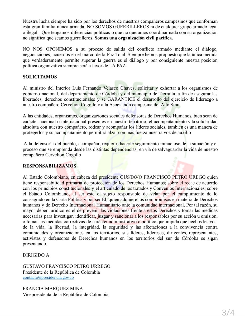 JoseOrtegaRuiz's tweet photo. #AcciónUrgente, Amenazas y desplazamiento al Compañero Cervelion Cogollo Presidente de @AsodecasOficial.

A las organizaciones Gubernamentales y Defensoras de DD.HH, les pedimos el acompañamiento y las garantías para la Vida de nuestro Compañero. 

#QueLaPazNoNosCuesteLaVida! https://t.co/AMJoZr5KhX