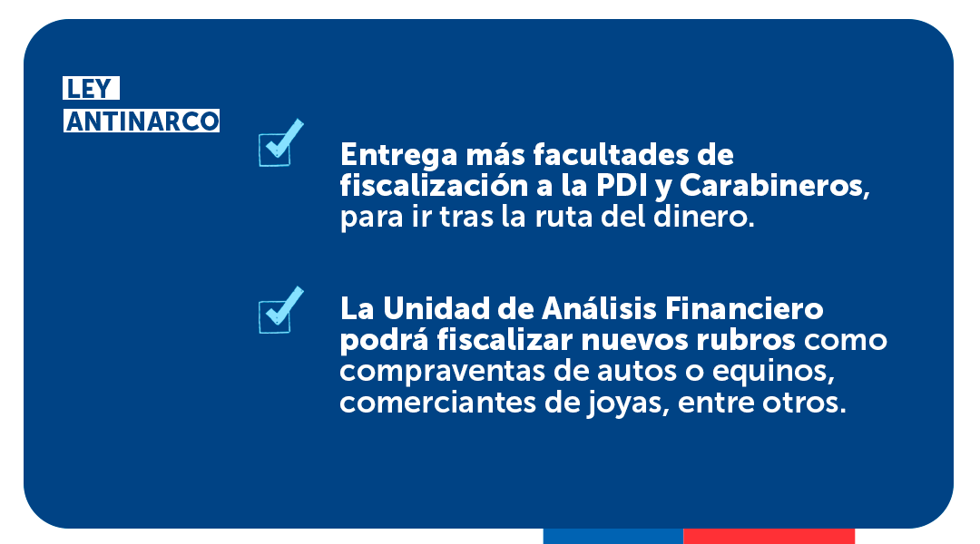 GobiernodeChile's tweet photo. 🚨Entrega más facultades de fiscalización a la PDI y Carabineros y, a su vez, la Unidad de Análisis Financiero podrá fiscalizar nuevos rubros.  

Conoce más de esta normativa para dar #MásSeguridad a las familias de Chile en📲 https://t.co/OwIV0Dmjmm https://t.co/t20AEPpp7P