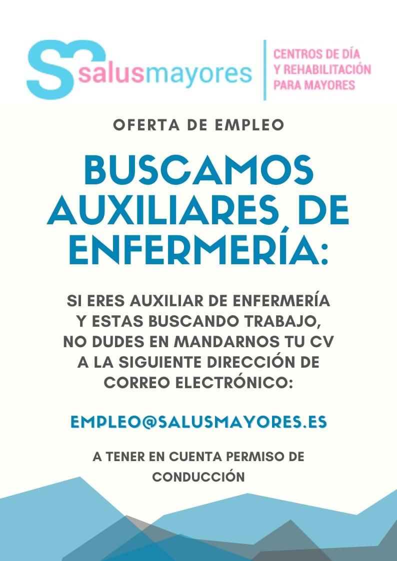 salusmayores's tweet photo. https://t.co/NMxHqR9NFS
¡BUSCAMOS AUXILIARES DE ENFERMERÍA PARA NUESTROS CENTROS DE DÍA, NO DUDES ENVIARNOS TU CV A: EMPLEO@SALUSMAYORES.ES !
#salusmayores #centrodedia#centrodemayores https://t.co/oIkj2YvqK9