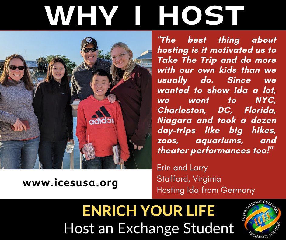 ICESUSAORG's tweet photo. "Why should I host an exchange student?" It's a question that deserves to be answered, and who better to answer it than one of our current host families in Virginia!  🌍✈️🇩🇪🇺🇸😁❤️ https://t.co/OieHi3Dph8