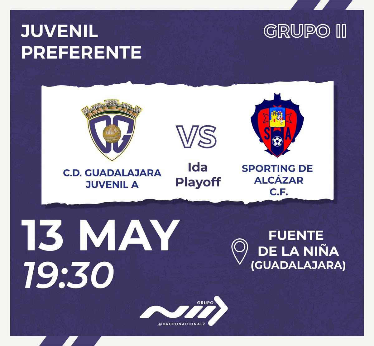 CDG_cantera's tweet photo. ¡TIEMPO DE PLAYOFF DE ASCENSO! ¡TODOS A LA FUENTE DE LA NIÑA!

🏆 FASE DE ASCENSO A JUVENIL NACIONAL | IDA🆚 Sporting de Alcázar C.F.

🏟️Fuente de la Niña
📍 Guadalajara

📆 13/05
⏰ 19:30h

#CanteraMorada💜#AúpaDépor https://t.co/Vc5JVYatvB