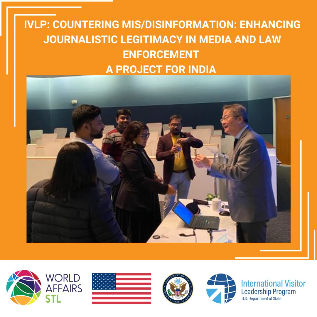 WorldAffairsSTL's tweet photo. The @StateIVLP  group that visited us from India also got to visit the University of Missouri School of Journalism. They met with Ernest Zhang, the Director of China Programs, who talked with our visitors and introduced them to the school and its role. @mujschool 
@cdrfglobal https://t.co/iWws5nE7w3