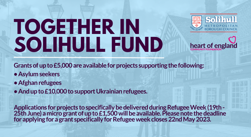 In partnership with <a href="/SolihullCouncil/">Solihull Council</a> we've launched the Together in Solihull Fund to support the resettlement, integration &amp; inclusion of people from refugee &amp; migrant communities in Solihull 💙

Grants range from £1.5k - £10k

 More info / apply 👉 bit.ly/together-in-so…