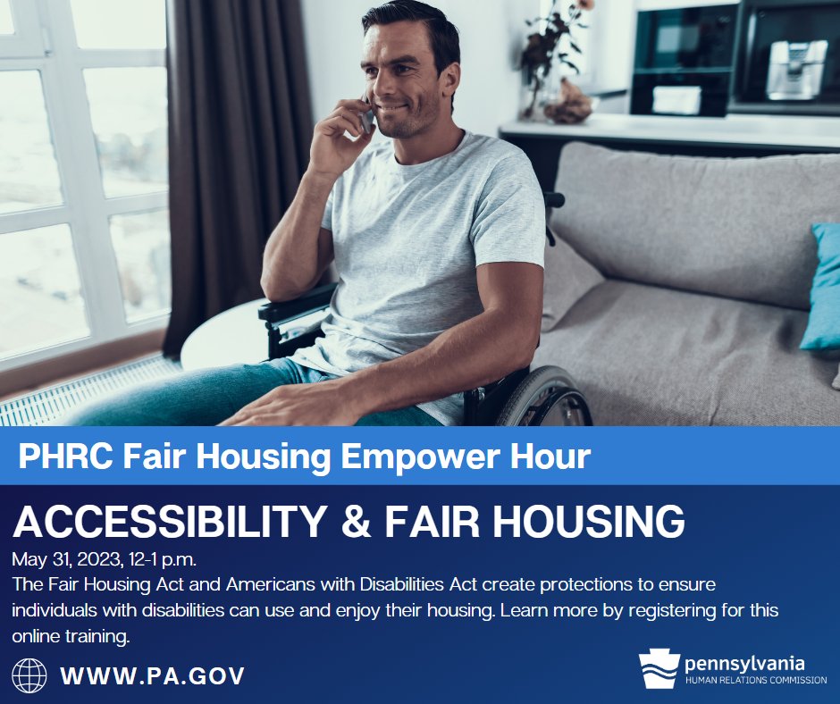 PA_HumRelComm's tweet photo. Join PHRC tomorrow for a PHRC Fair Housing Empower Hour webinar on Accessibility and Fair Housing.
Register here📷 https://t.co/DwlRzvHXcN...
#AmericanswithDisabilitiesAct #humanrights #justice #socialjustice #socialchange #FairHousingAct #housingequity #housingequality https://t.co/phTyovH3vB