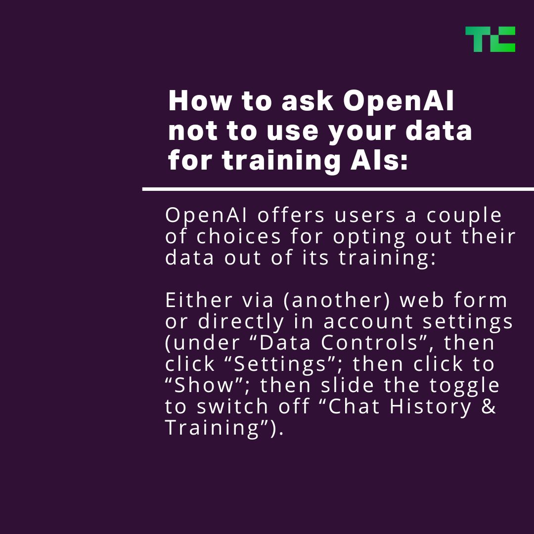 Click here for more details on how to exercise available data rights and steps to ask OpenAI for your personal data to be deleted or not used to train its AIs 👉 tcrn.ch/3VpcvXe