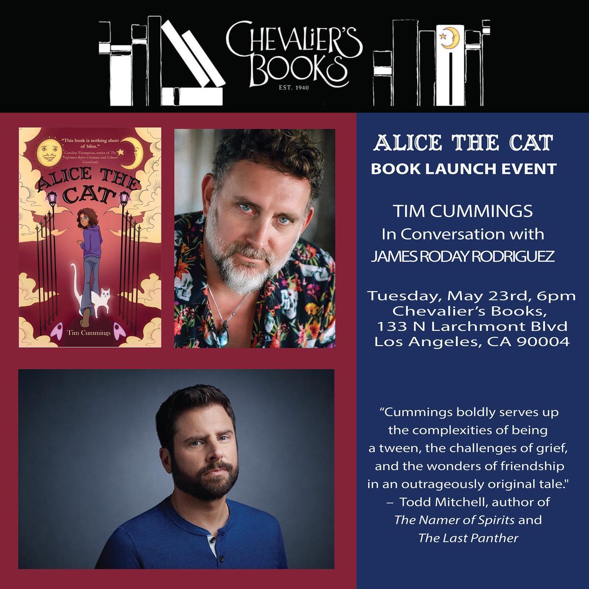 itsdannyg's tweet photo. Join @Cummingstime in conversation with #Roday on May 23 to discuss #AliceTheCat π and make sure to pick up a copy of that book as well. I love it so much. #ChevaliersBooks #JamesRoday https://t.co/pcnhdtxEe7 https://t.co/OTBCH8r2YD