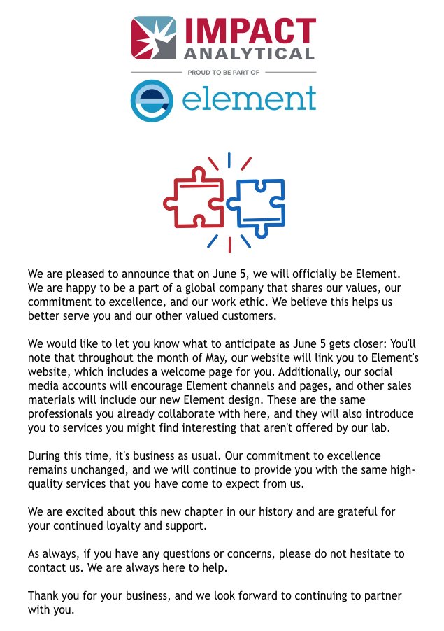 IATestingLab's tweet image. We will become one Element on June 5! Watch here for more news. #ElementInLifeSciences #ImpactAnalytical #TestingServices #Element #Changes
