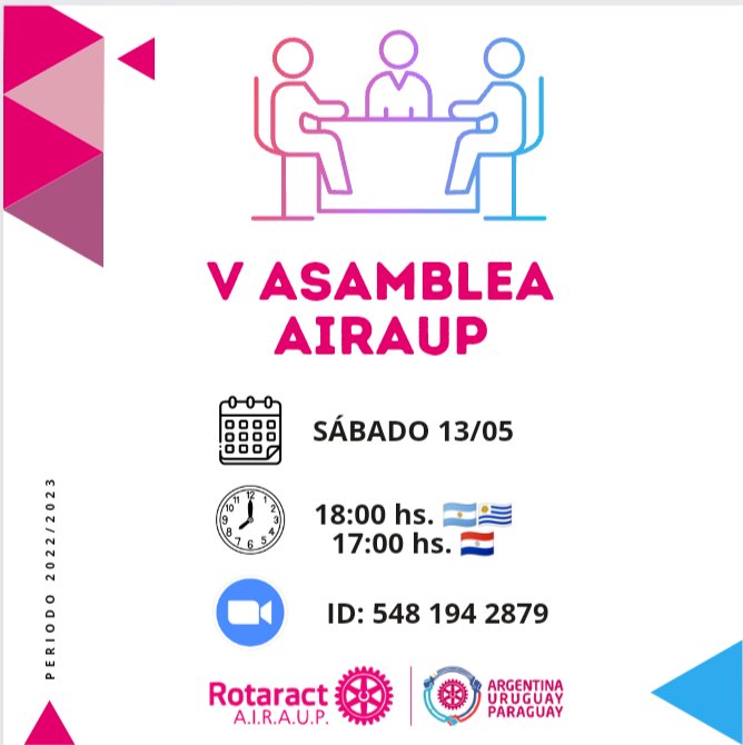 #AsambleaAiraup

Este sábado viviremos la V Asamblea AIRAUP 👥

La misma será de manera virtual, por eso te podrás sumar desde donde te encuentres 🎉🎉

📅 Sábado 13 
⏱️ 18 horas 🇦🇷🇺🇾
⏱️ 17 horas 🇵🇾

#somosairaup
