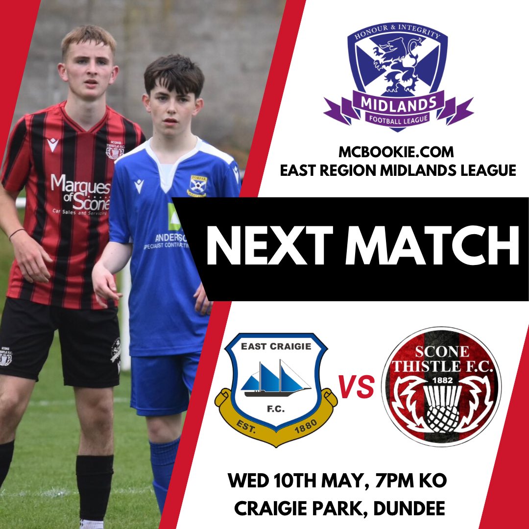 SconeThistleFC's tweet photo. 📆 - Wed 10th May 2023
🆚 - Dundee East Craigie FC 
🏆 - https://t.co/GEu6YOrBa7 Midlands League 
⌚️ - KO 7pm
📍 - Craigie Park, Dundee
🎟️ - Adults £6, OAP/Concession £3

#TheJaggies https://t.co/OsOLFtOuu3
