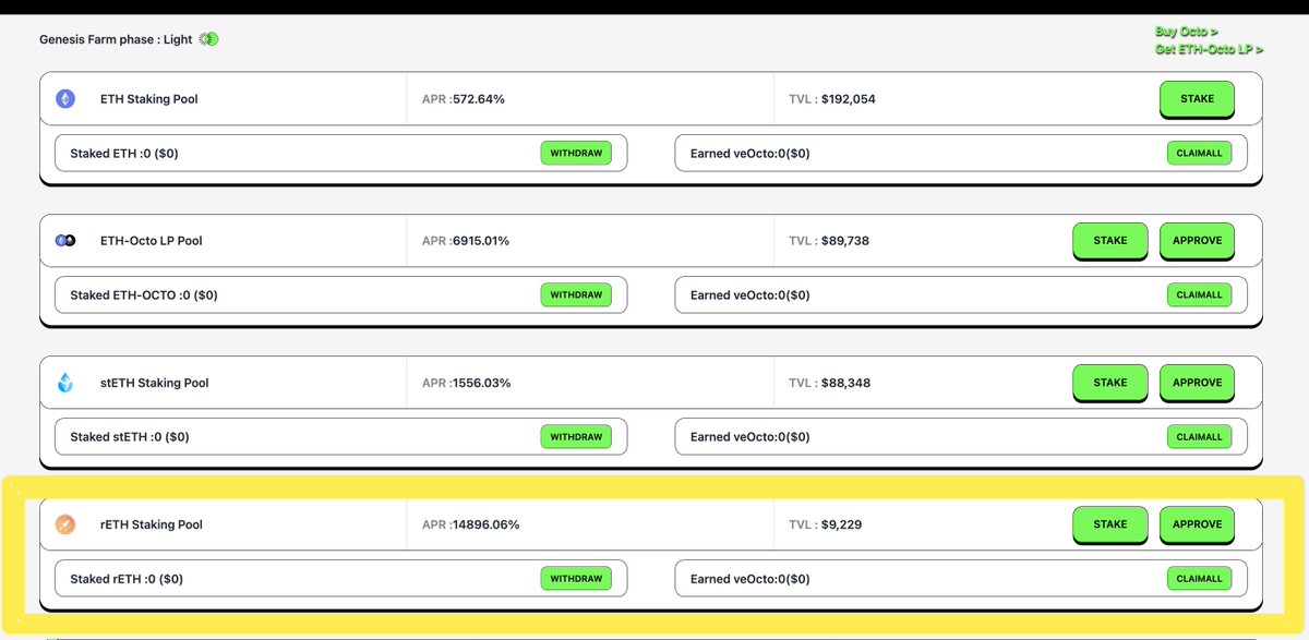 The rETH staking pool is now live! 
Join us now and earn an APY of up to 14,896%!🚀🚀

octolsd.finance/farm

#LSDFi #DeFi