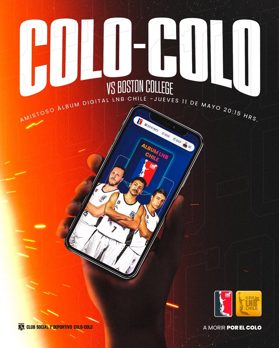 CSDColoColo's tweet photo. 🏀 𝗔𝗺𝗶𝘀𝘁𝗼𝘀𝗼 𝗟𝗡𝗕 𝗮́𝗹𝗯𝘂𝗺 𝗱𝗶𝗴𝗶𝘁𝗮𝗹   

Este jueves #ColoColoBasket se mide frente a Boston College en el lanzamiento Álbum Digital LNB Chile 🔥 

Descárgalo y tus 10 sobres serán tu entrada ($3.000)  

📅 Jueves 11/05  
📍Gimnasio Boston Maipú 
🕜 20:15 hrs https://t.co/lufJ5VlcQl