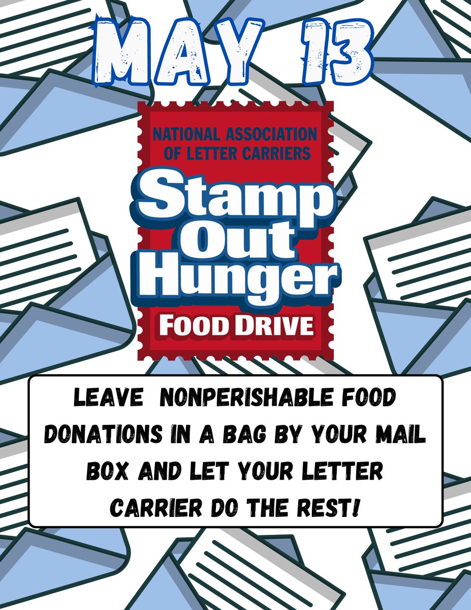 You may have noticed a bright, yellow bag with your mail this week. On Saturday, May 13th place this bag (or any bag) filled with non perishable food items beside your mailbox for your mail carrier to pick up.  That's all you need to do!