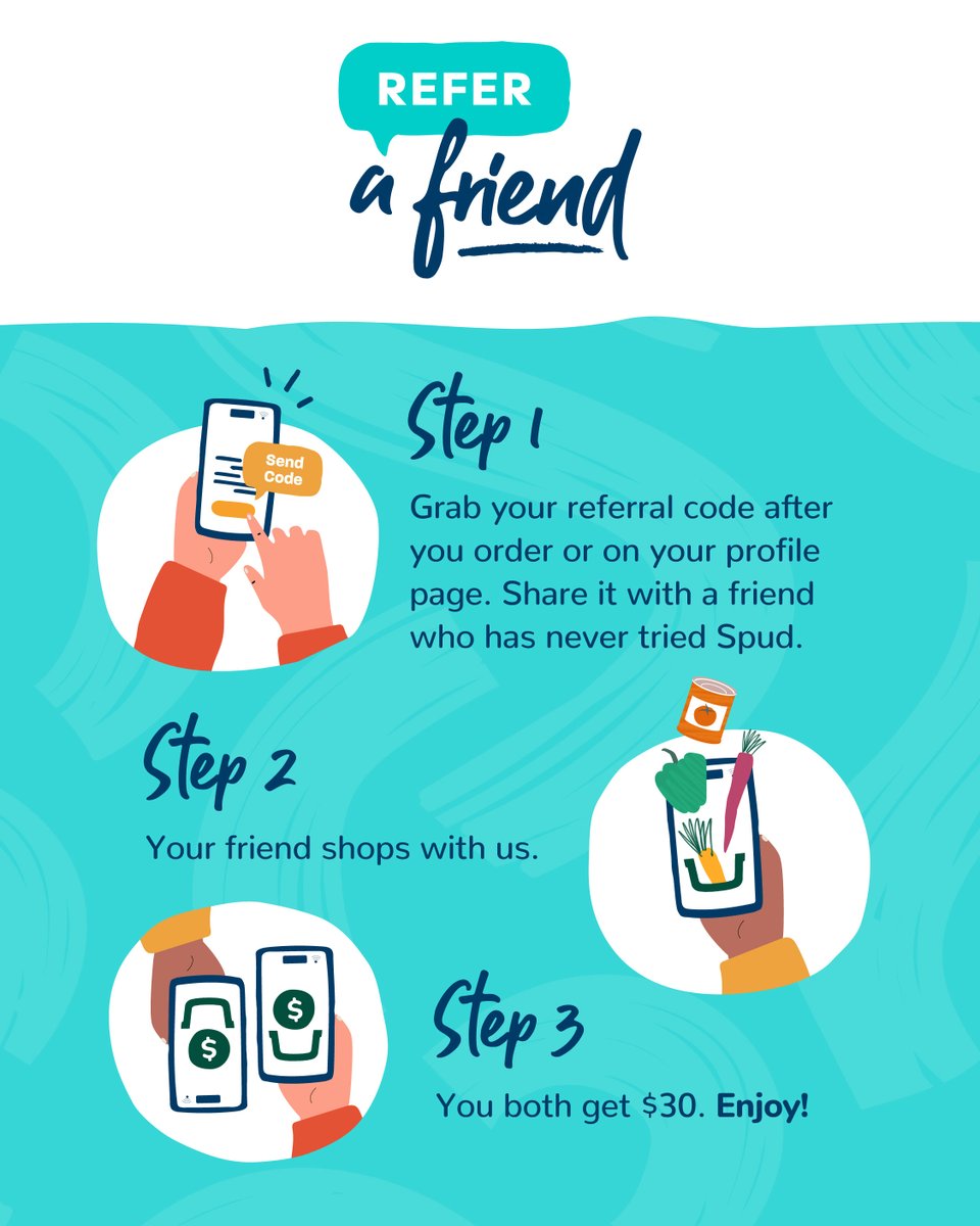 spuddelivers's tweet photo. We love new friends! When you share the Spud love and refer a friend, you'll both get a $30 Spud credit. 🎉 

Offer available until May 29. https://t.co/lQyL2nyGWd