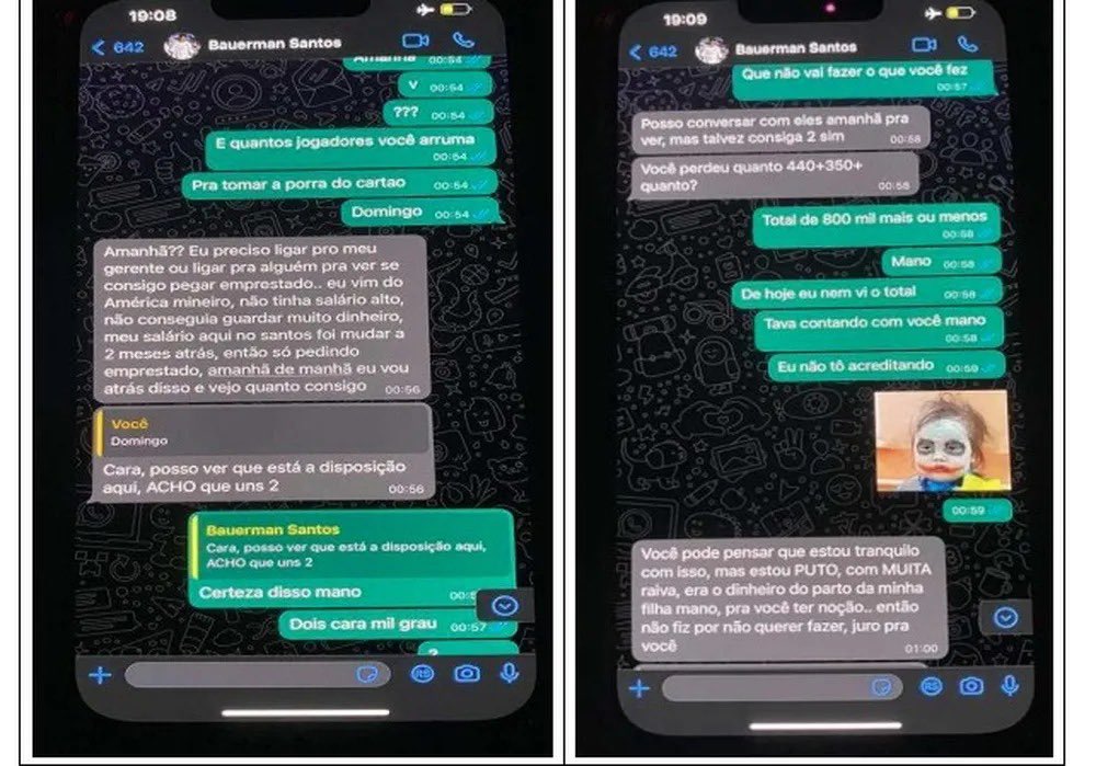 goleada_info's tweet photo. 🚨⚠️ URGENTE

Novas mensagens entre Eduardo Bauermann e apostadores são divulgadas pela imprensa.

O jogador do Santos foi ameaçado de morte.

🗞 Globo Esporte
📸 Reprodução https://t.co/6yREx1N8aM