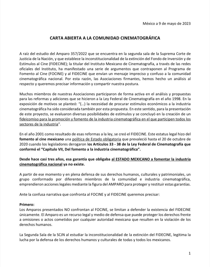 masugae's tweet photo. Carta pública a la Comunidad Cinematográfica  de parte de diversas asociaciones relativo al Amparo que busca declarar la inconstitucionalidad del FIDECINE. #DefiendeTusDerechos #MasCineMexicano @cultura_mx @AcademiaCineMx @CANACINE https://t.co/ff8eq4OWQc