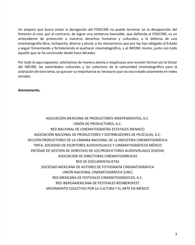 masugae's tweet photo. Carta pública a la Comunidad Cinematográfica  de parte de diversas asociaciones relativo al Amparo que busca declarar la inconstitucionalidad del FIDECINE. #DefiendeTusDerechos #MasCineMexicano @cultura_mx @AcademiaCineMx @CANACINE https://t.co/ff8eq4OWQc