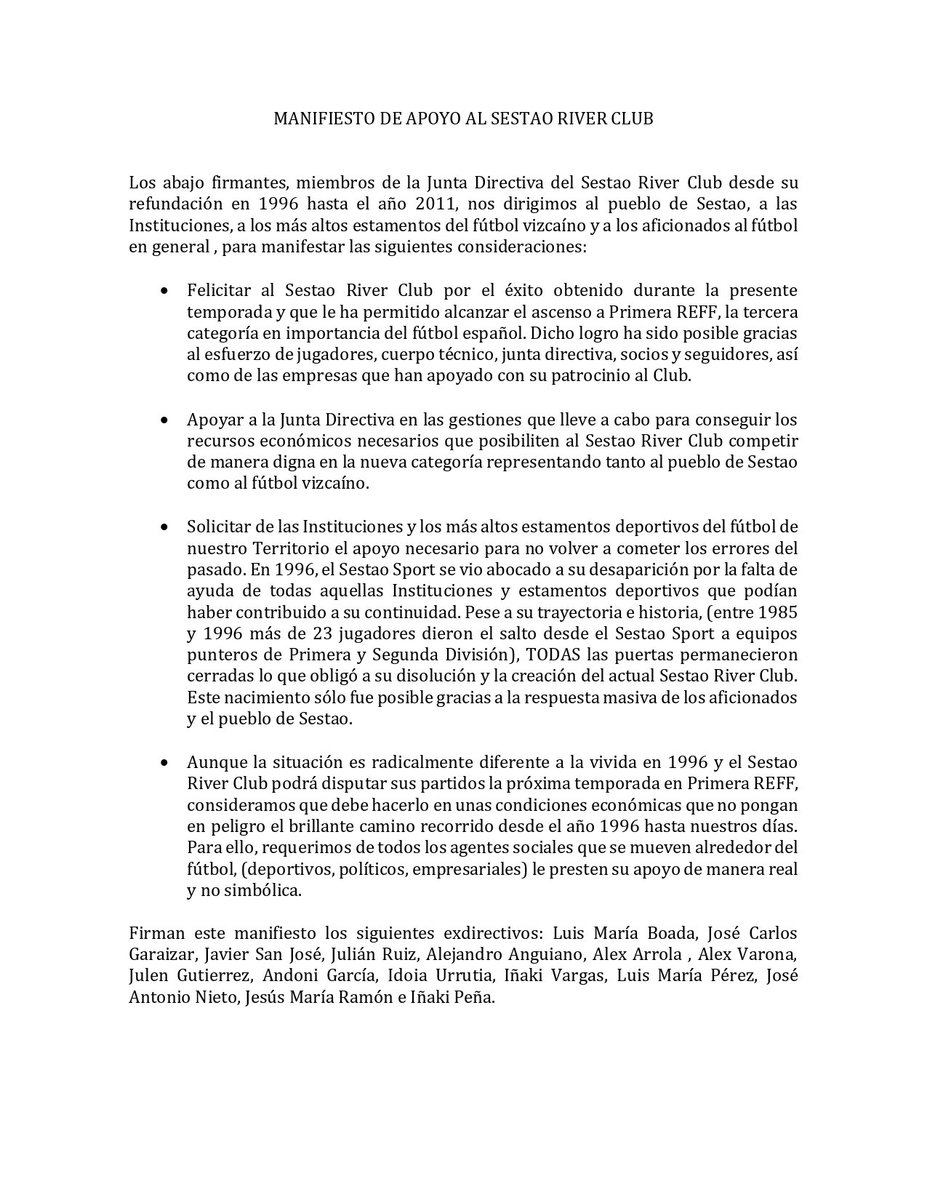 Un grupo de ex-directivos del Sestao River Club quiere compartir el siguiente manifiesto de apoyo con toda la opinión pública.

ESKERRIK ASKO! 💪