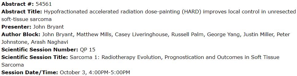 🎉 Excited to announce that our abstract 'Hypofractionated Accelerated  Radiation Dose-Painting (HARD) Improves Local Control in Unresected  Soft-Tissue Sarcoma' has been accepted for an oral presentation at  #ASTRO2023 in San Diego!