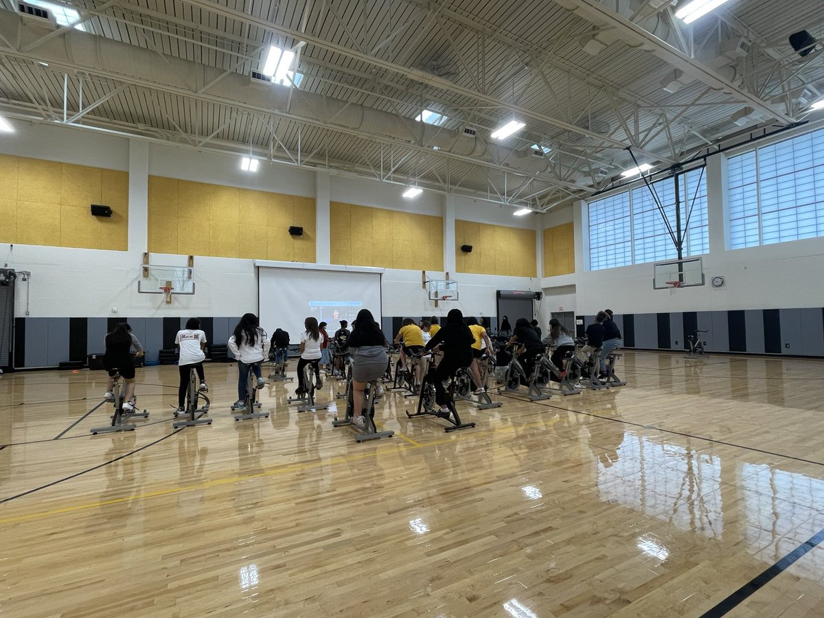 CoachVallin's tweet photo. Getting a good workout in PE! Yesterday we did spin and today we incorporated some arms into our spin workout. These Falcons are loving it! #fitfalcons @NeisdPE_Health @PRINCIPALRUBIO @etrevi12 @KMSLadyFalcons @KMSAcademics https://t.co/GAa8ej2HCo