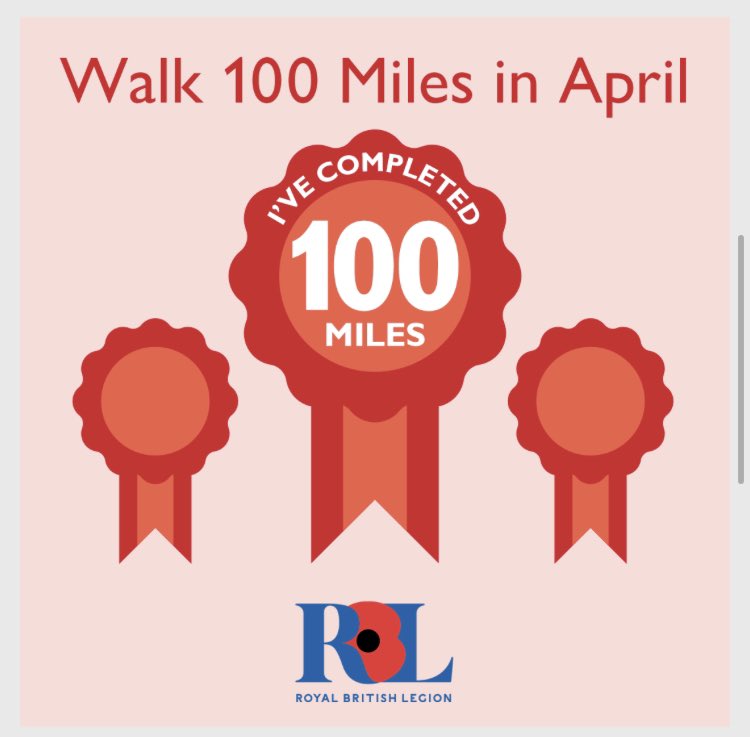 Happy to say I managed it. Not resting on my Laurels though -  Now onto …#ThreeMilesADayInMay
Again for the TheRoyalBritishLegion 
#walk100milesinapril #RBL #RBLWS @PoppyLegion @Womens_Section