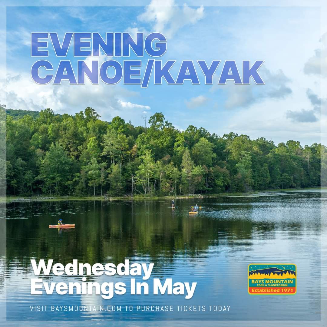 🛶🌅 Exciting news! Kayaking is back every Wednesday in May at Bays Mountain Park! 🌅🛶
Click this link to pre-register.
baysmountain.com/events/categor…

#BaysMountainPark #Kayaking #SpringVibes #SunsetViews #LimitedReservations #kingsport #canoe #kayak #SUP #floatalong #visitkingsport