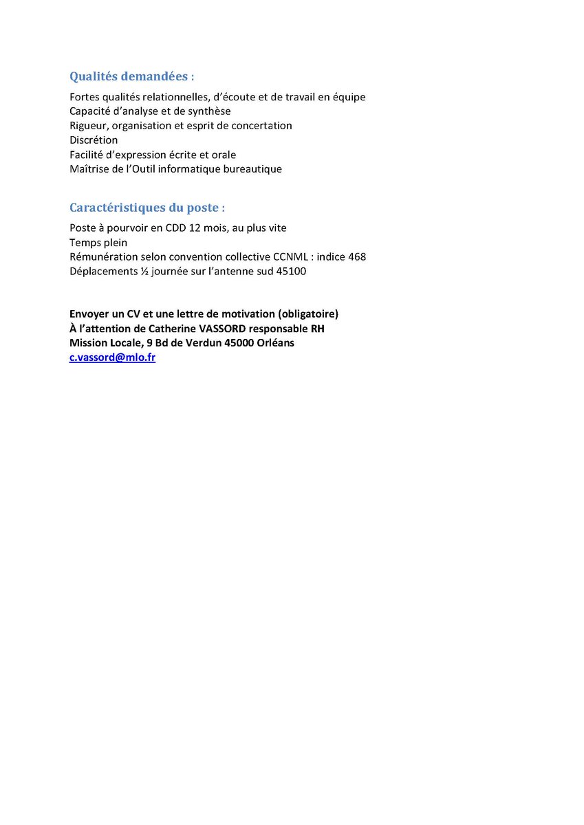 La Mission Locale de l'Orléanais recrute un(e) psychologue. Venez rejoindre notre équipe...