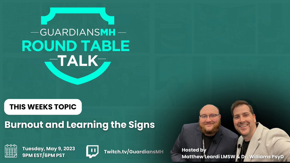 Join us tonight for our 2nd round table talk live stream during #MentalHealthAwarnessMonth! 

Our topic tonight, Burnout and Learning the Signs

Join the conversation tonight! 
Tuesday, May 9nd 
9pm est / 6pm pst

Twitch.tv/guardiansmh