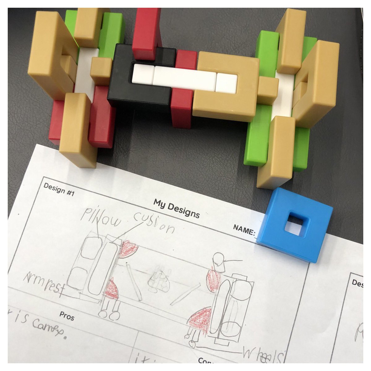 We are designing a bench for Aria in A Sky Blue Bench. Today we did a loose parts build to make sure all our features fit before we build our prototype. <a href="/ddwhdsb/">Dr. David R. Williams Public School</a> @PajamaPress1 @bahram_rahman #EngineeringDesignProcess #STEM #looseparts #ForestofReading