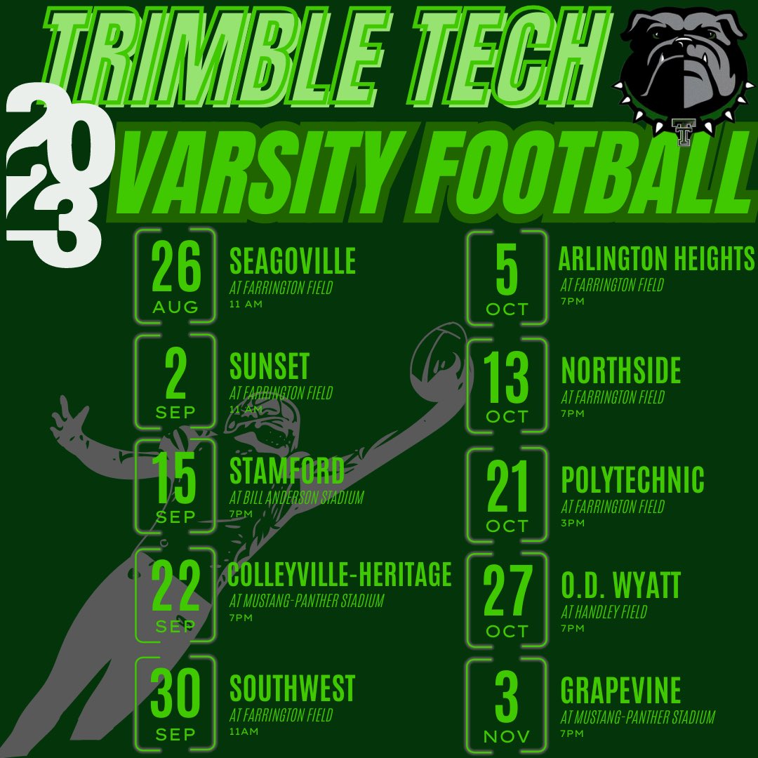 TrimbleTechFB's tweet image. 2023 Varsity Football Schedule