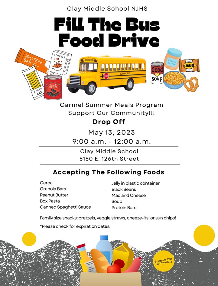 Support our community! Drop off food donations for the Carmel Summer Meals Program. This Saturday, May 13 from 9am - noon. <a href="/ClayTrojans/">Clay Middle School</a> <a href="/ClayPTO/">ClayPTO</a> <a href="/ClayClassic/">Clay Classic</a> <a href="/myccs/">Carmel Clay Schools</a>