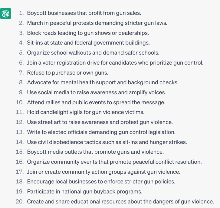 dalatindiva's tweet photo. 15 Ways to Stop #GunViolence through civil disobedience, courtesy of #ChatGPT 

#TexasMassacre #TexasMall #TexasMallMassacre https://t.co/8vULZVACLe