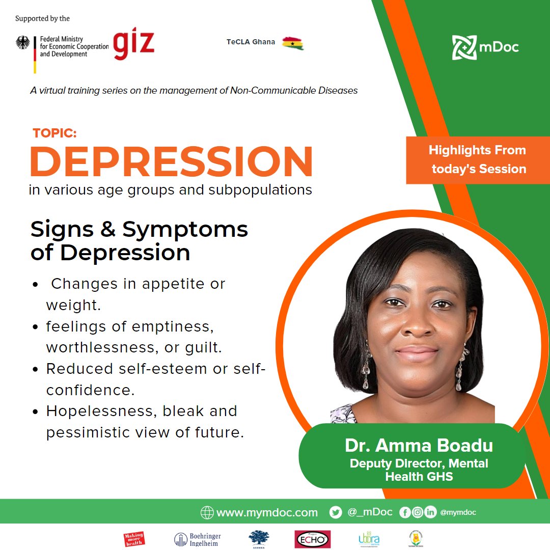 _mdoc's tweet photo. In today's TeCLA session, Dr Amma Boadu (MBCHB, MGCPS) educates us about the physical and clinical symptoms of Depression.

To join the session, kindly register here: https://t.co/xmcQoeQf9w

#healthcareworkereducation #ncdtraining #depressionawareness #capacitybuildingtraining https://t.co/8TBBkEL5x1