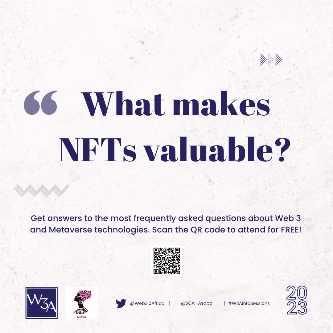 SCA_Asaba's tweet image. From lack to authenticity, discover the key factors that make #NFTs valuable and revolutionize the way we own and trade digital assets🚀

Register here: us02web.zoom.us/meeting/regist…

#W3A #Web3 #Web3InfoSessions #web3Africa #Web3community #Africa #Web30Africa
@Web30AfricA @shirleynzeh