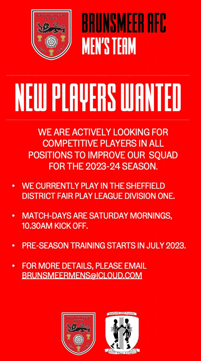 👀 our open age team are looking to recruit new players ahead of 2023/24 season  <a href="/SHCFA/">Sheffield & Hallamshire County FA</a>  🔴⚫️⚽️