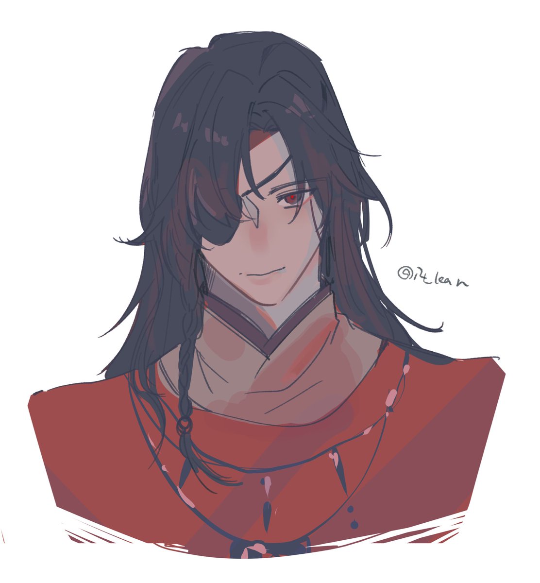 1boy eyepatch male focus long hair red eyes solo black hair  illustration images