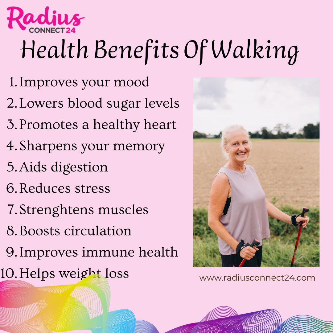 Did you know that May is National Walking Month? Walking has lots of benefits for both mental and physical health. Here is Top 10 health benefits by Radius Connect 24 #NationalWalkingMonth