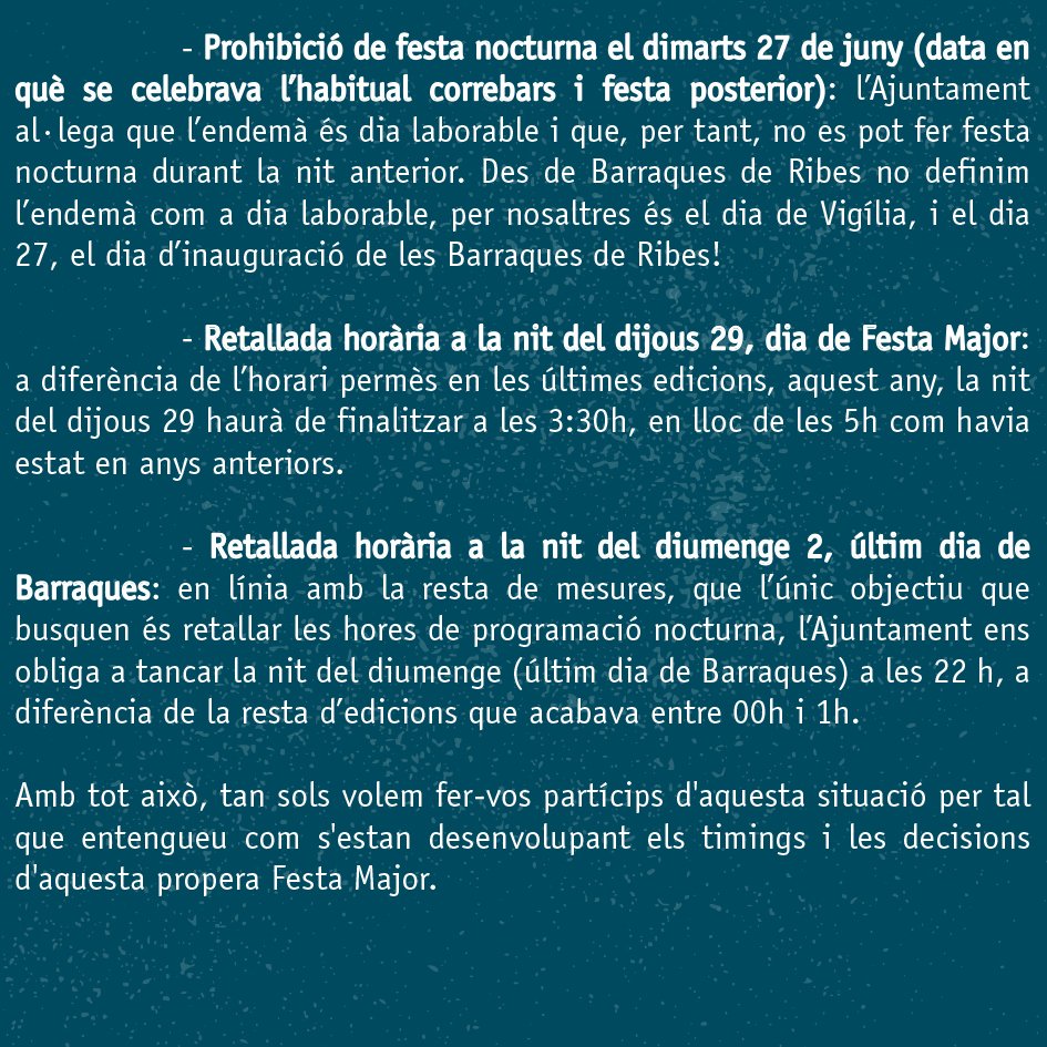 BarraquesRibes's tweet image. 🔴 COMUNICAT BARRAQUES DE RIBES 🔴

Avui ens dirigim a vosaltres per denunciar la manca de suport i la manca de voluntat política per part de l&apos;Ajuntament de Sant Pere de Ribes @santperederibes cap a les Barraques de Ribes [...]