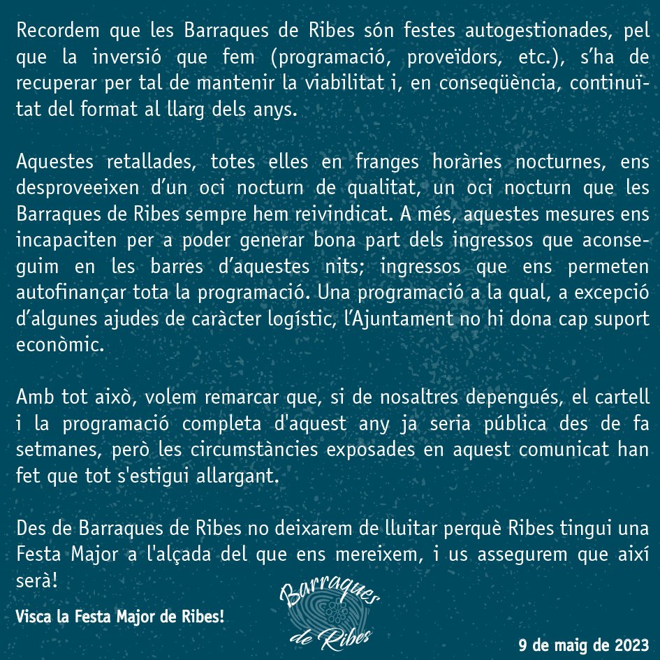 BarraquesRibes's tweet image. 🔴 COMUNICAT BARRAQUES DE RIBES 🔴

Avui ens dirigim a vosaltres per denunciar la manca de suport i la manca de voluntat política per part de l&apos;Ajuntament de Sant Pere de Ribes @santperederibes cap a les Barraques de Ribes [...]