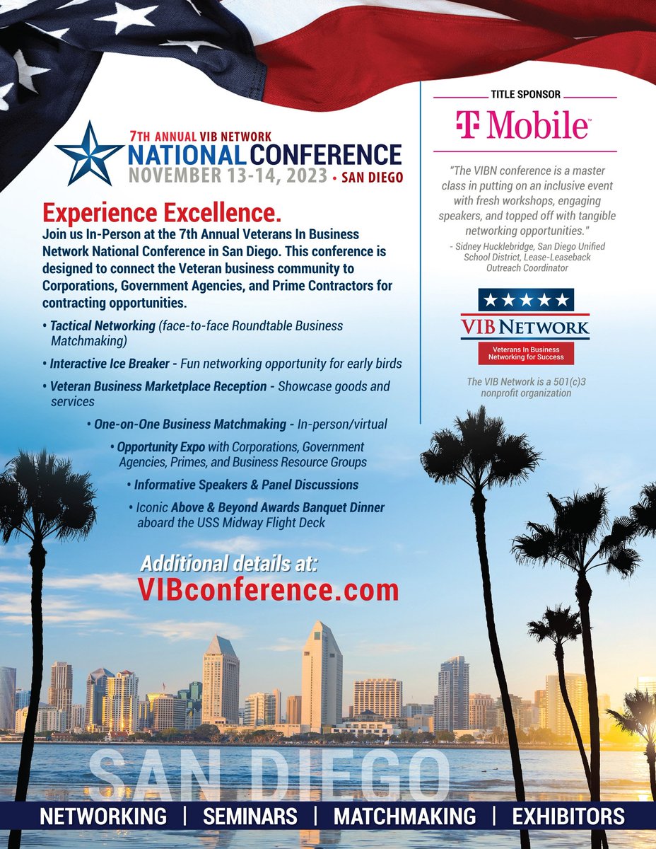 Early Bird, it's your time to fly!

Early Bird registration is now open for the Veterans In Business Network 7th Annual National Conference on November 13th &amp; 14th in beautiful San Diego.

Don't miss this event. Register and reserve your room today at vibconference.com