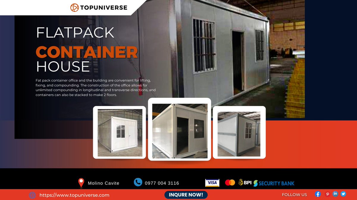 Fat pack container office and the building are convenient for lifting, fixing, and compounding. The construction of the office allows for unlimited compounding in longitudinal and transverse directions, and containers