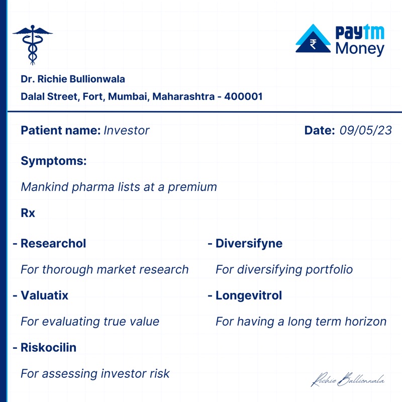 PaytmMoney's tweet photo. Mankind Pharma was listed today on the stock market, that too at a 20% premium. Dr. Bullionwala prescribes some medicines for the investors to keep their portfolios healthy.

#PaytmMoney #IPO #Mankind #MankindPharmaIPO #MankindPharma