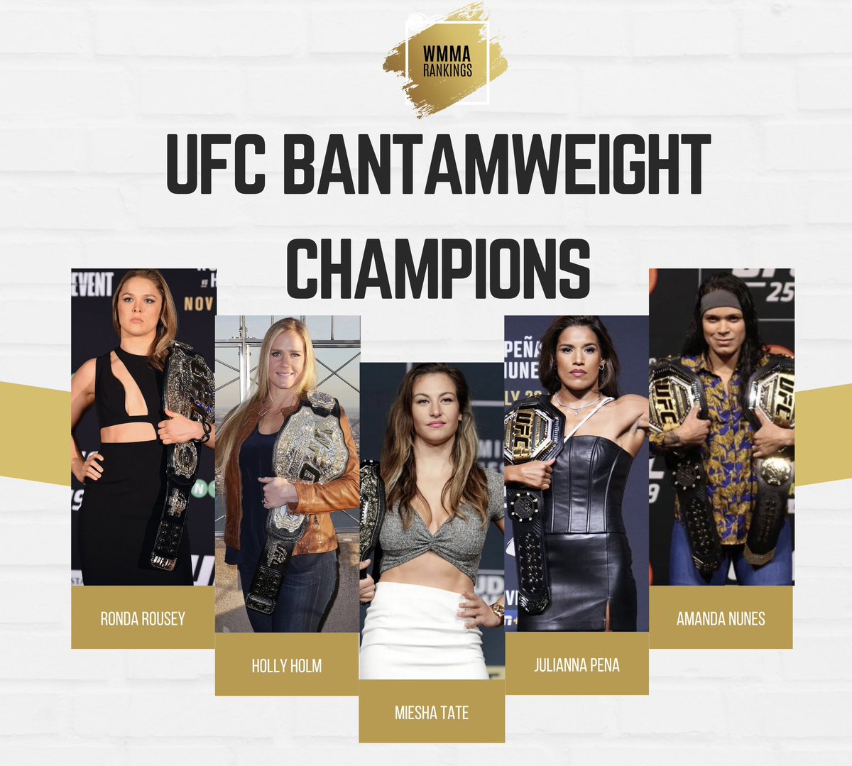 FIVE women have held the UFC bantamweight title since its inception in late 2012.

Can Irene Aldana become the SIXTH at #UFC289 on June 10? Or will Amanda Nunes reign supreme?

#UFC #WMMA https://t.co/qPEo1nCcIG