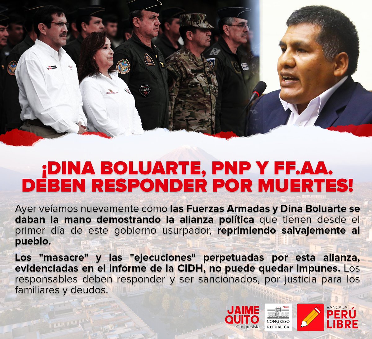 JaimeQuito6's tweet photo. Otra vez las #FFAA y #DinaBoluarte se dan la mano demostrando la alianza dada desde el primer día de este gobierno usurpador, reprimiendo al pueblo.
Los "masacre" y las "ejecuciones" perpetuadas por esta alianza, evidenciadas en el informe de la #CIDH, no puede quedar impunes. https://t.co/ufvaDCbhkL