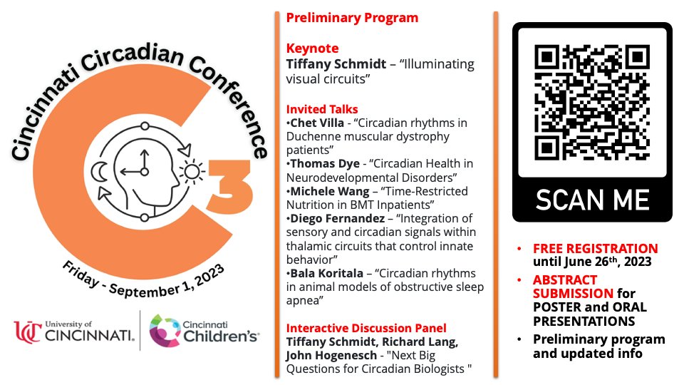 To every researcher entrenched in or just curious about circadian biology: register now for our Cincinnati Circadian Conference (C3) on September 1st, 2023 at med.uc.edu/landing-pages/…
- free registration (in-person only)
- abstract submission
- great for networking
Please RT!