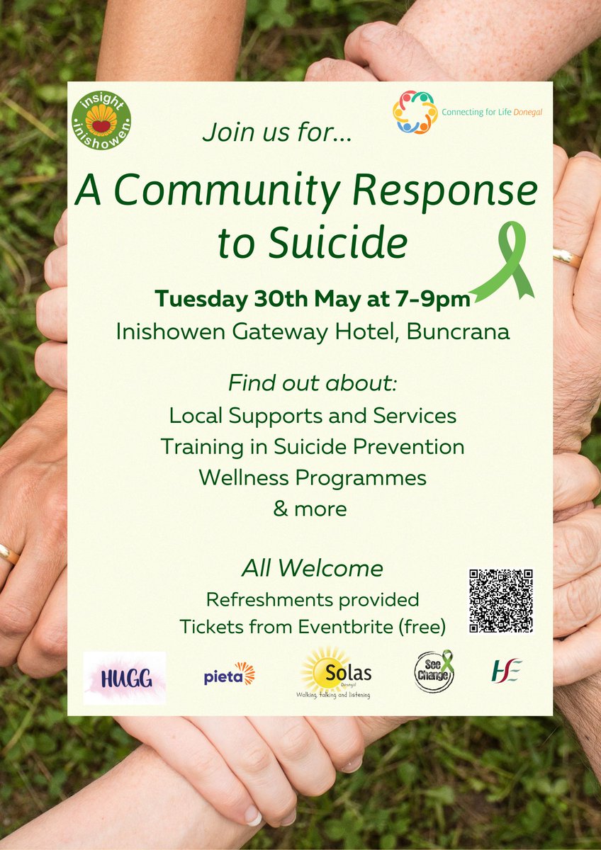 InsightInish's tweet image. Insight Inishowen in partnership with Connecting for Life Donegal invites you to join us for A Community Response to Suicide. #SuicidePrevention
#positivementalhealth
Tickets (free) via Eventbrite eventbrite.ie/e/a-community-…